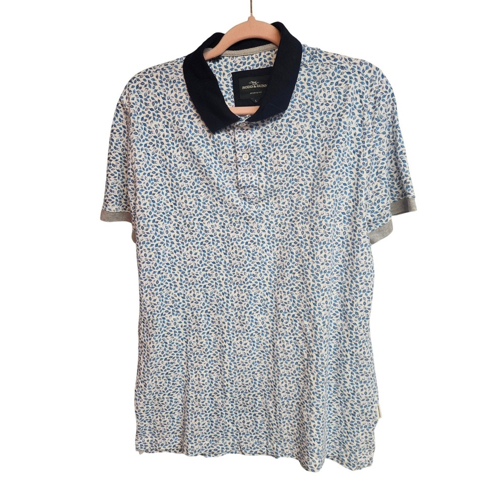 Rodd & Gunn Mens Large Blue Leaf Print Cotton Polo Shirt Sports Fit Navy Collar